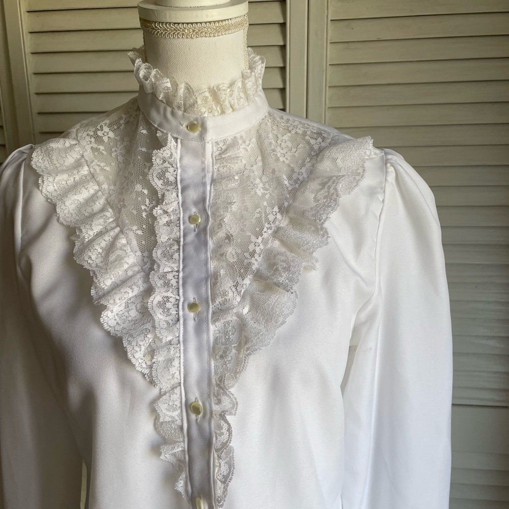 Vintage Shapely Ruffle Victorian Blouse White 12 Fairygoth Cottagecore Prairie - Picture 3 of 10